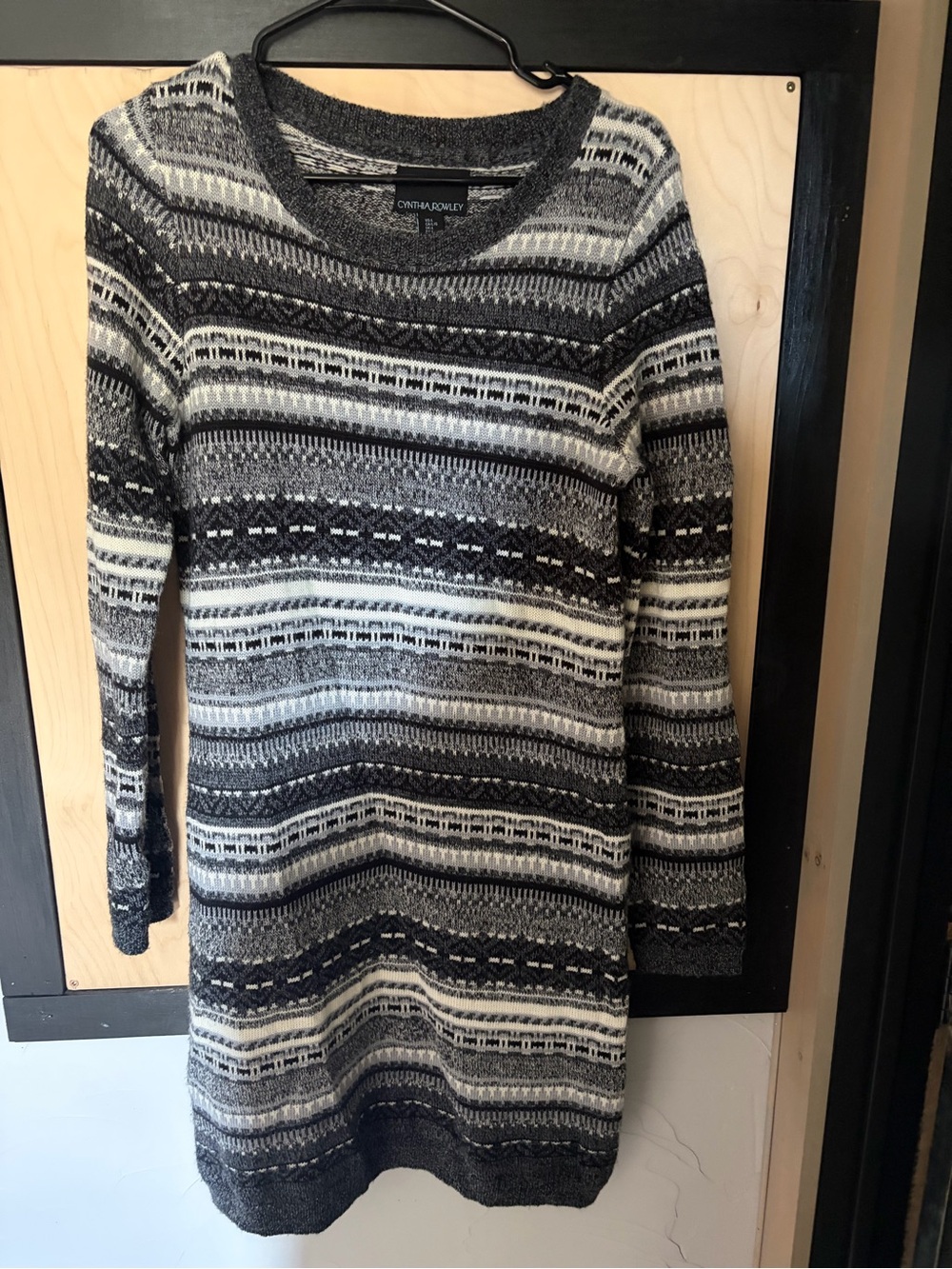 Cynthia Rowley Black, Gray & White wool blend Knit Long-Sleeve sweater Dress